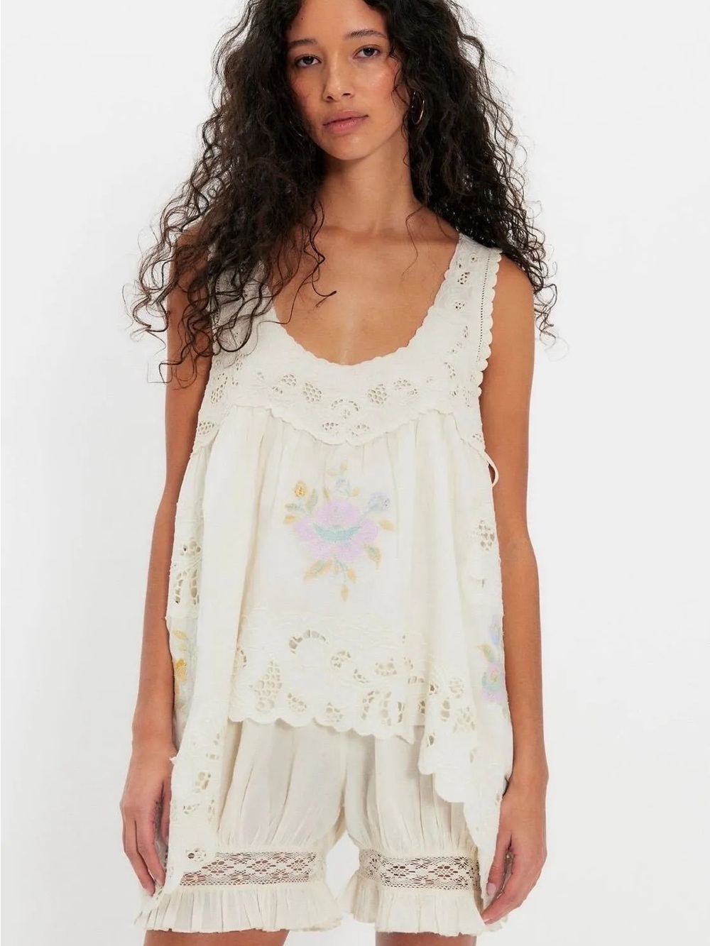 Free People Ivory Embroidered Sleeveless Romper